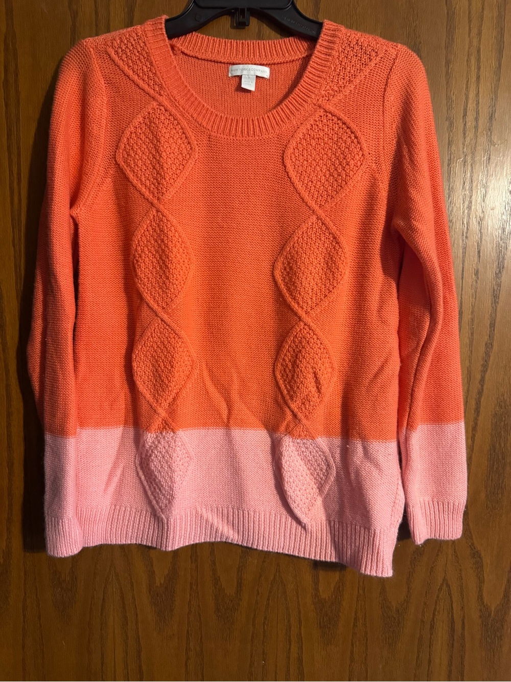 New York & Company Orange and Pink Cable Knit Crewneck Sweater